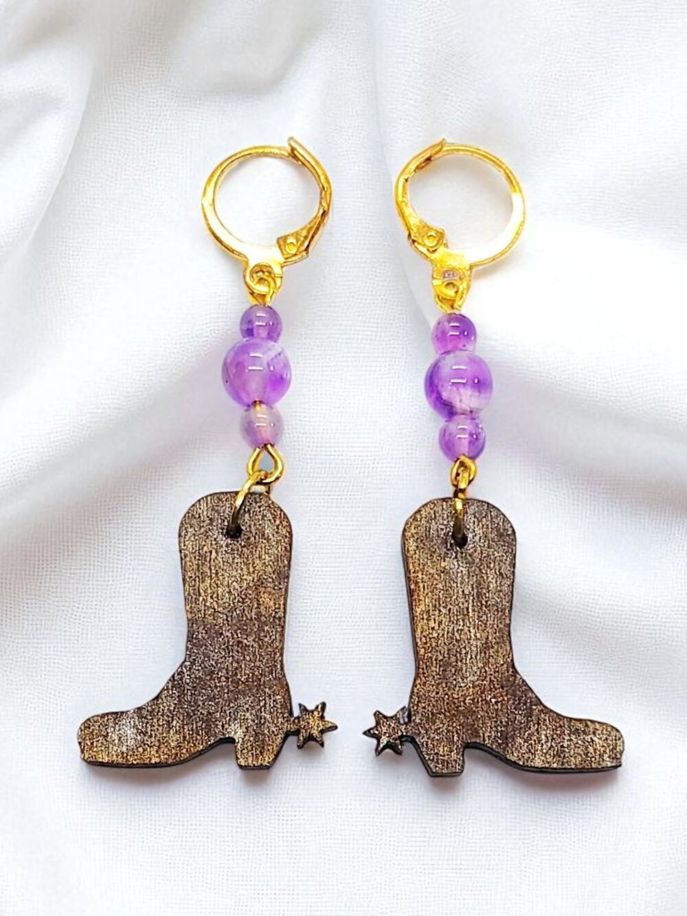 Handmade Wooden Cowboy Boots Gemstone Dangle Earrings